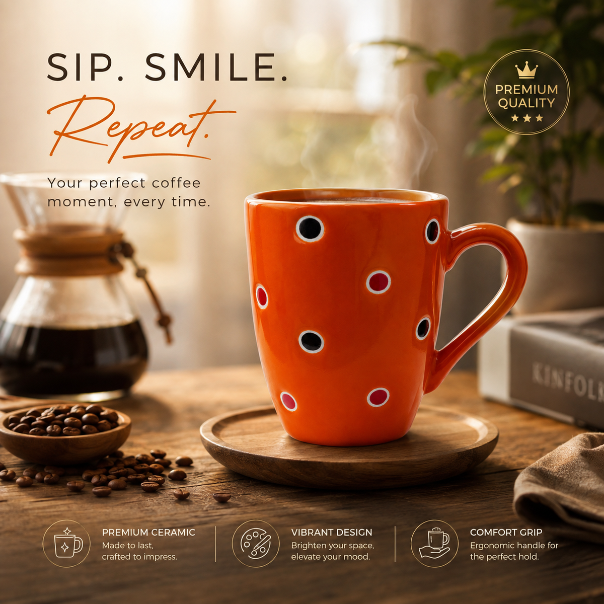 Bhokals Dots Printed Orange Green Coffee Mug