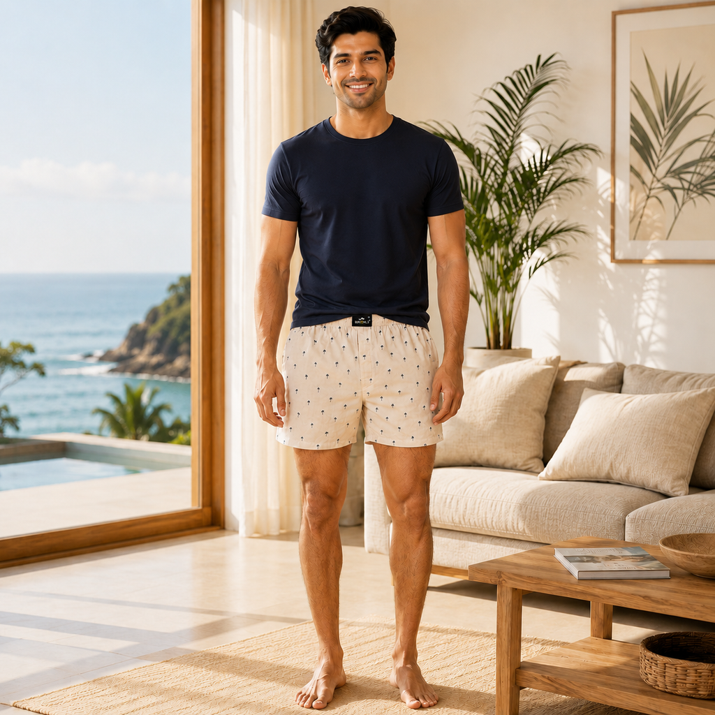 Cream Tree Printed Cotton Boxer For Men