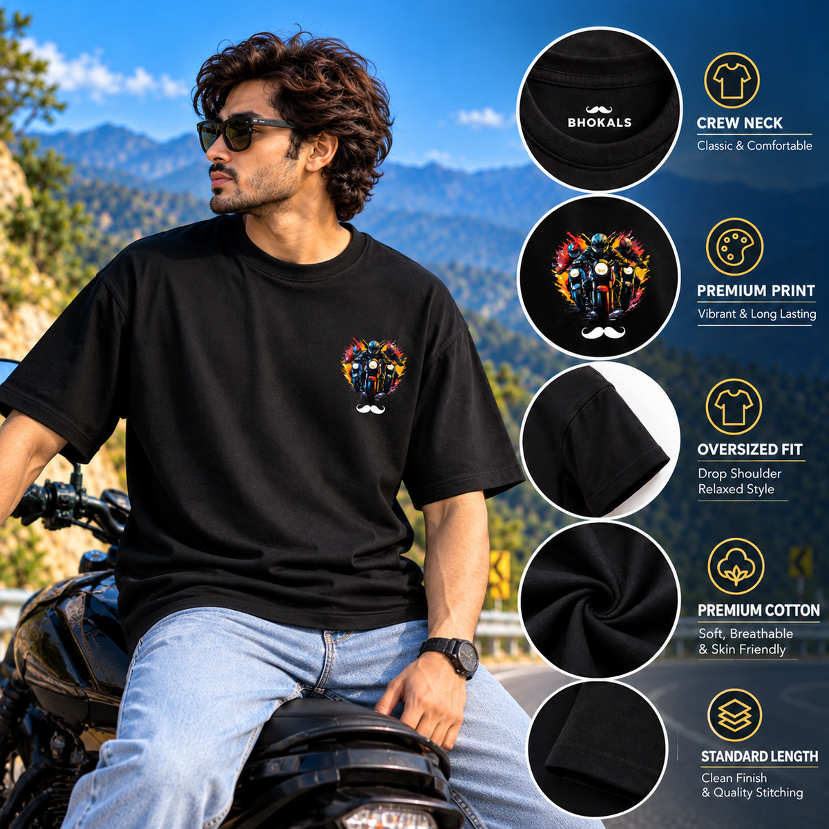 Bhokals Premium Oversized Front & Back Printed T-Shirt for Men - Biker