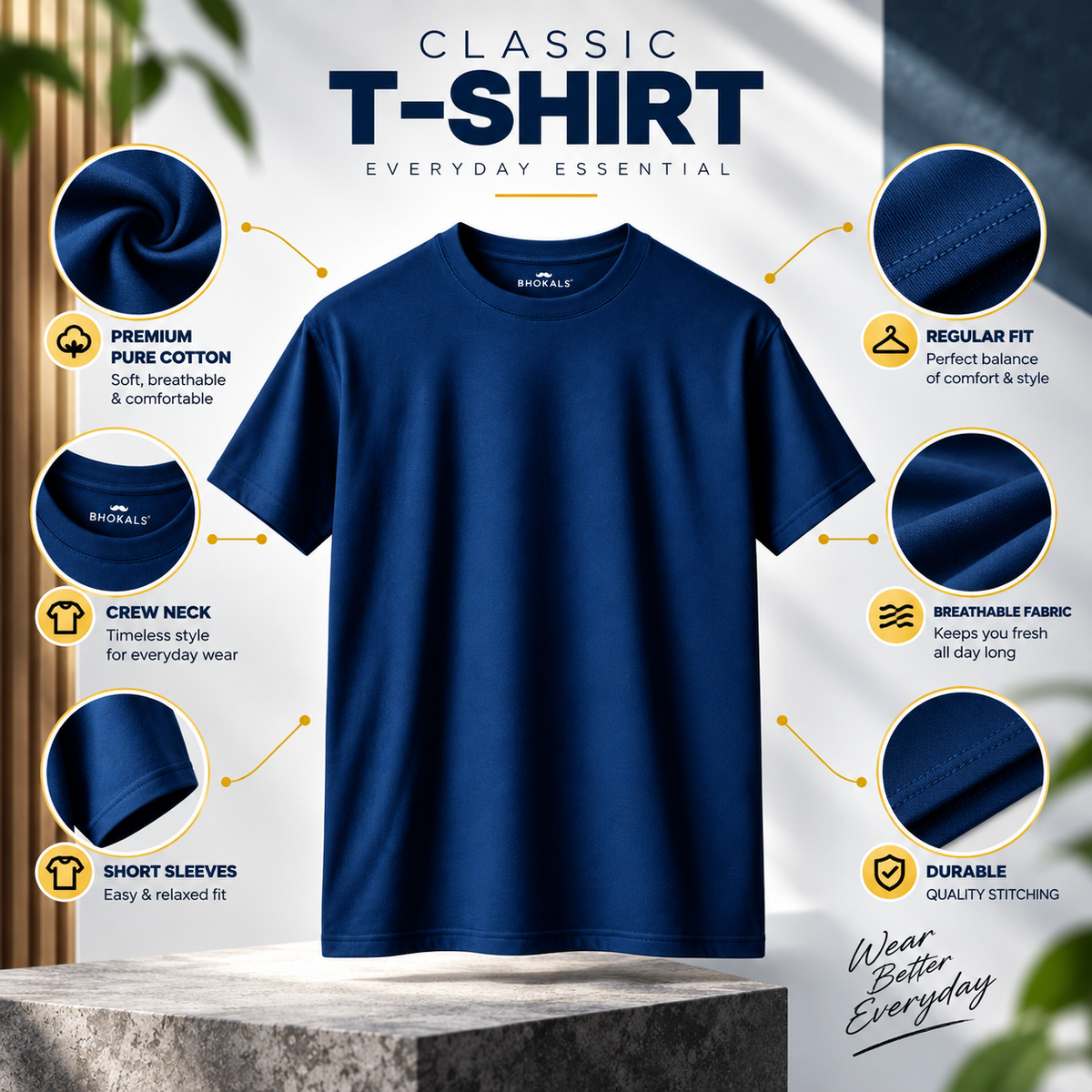 Bhokals Round Neck - White, Black, & Blue Regular T-Shirts - Pack of 3