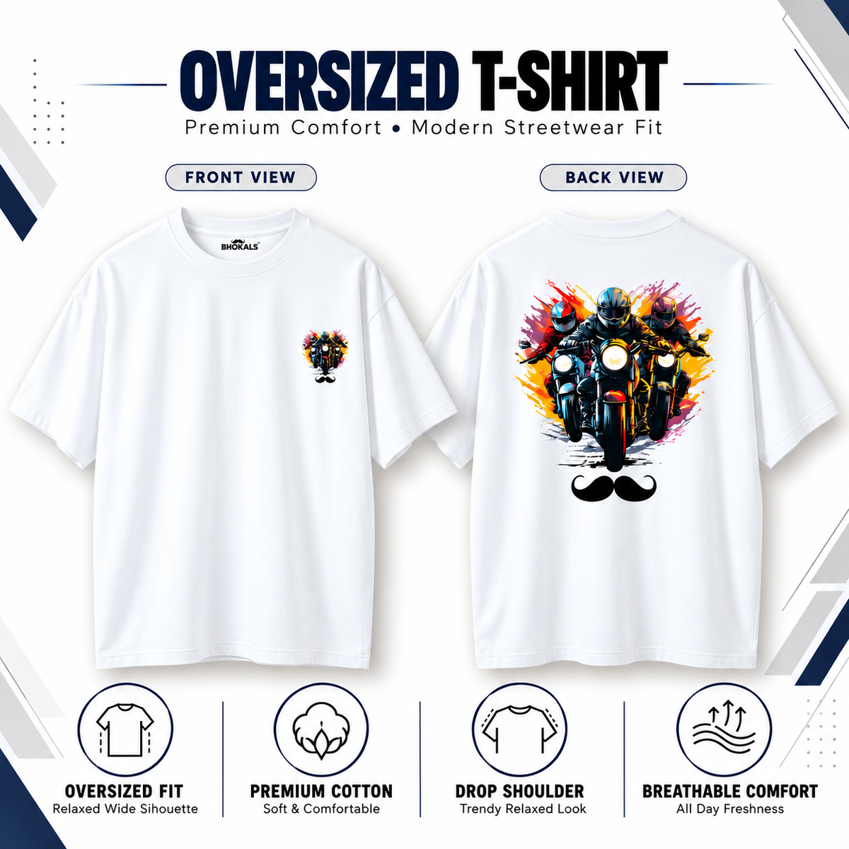 Bhokals Premium Oversized Front & Back Printed T-Shirt for Men - Biker