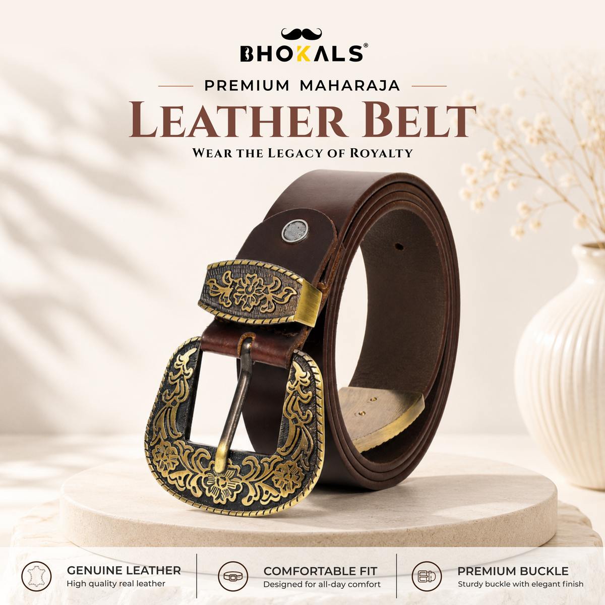 Bhokals Maharaja Men  Golden Buckle Brown Leather Belt