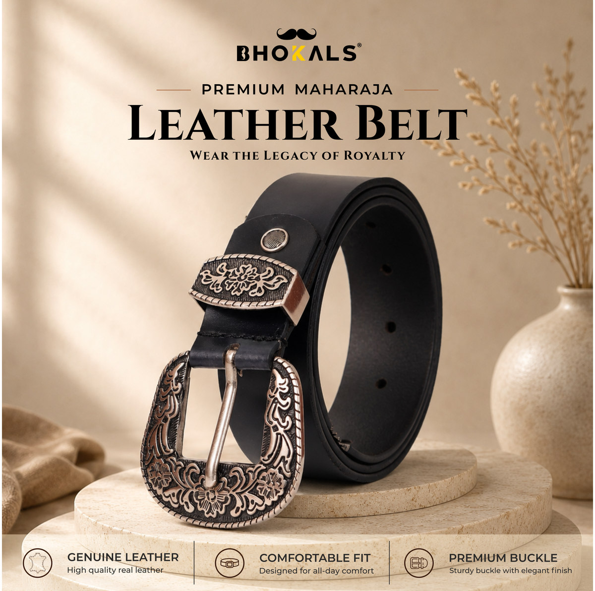 Bhokals Maharaja Men Silver Buckle Black Leather Belt