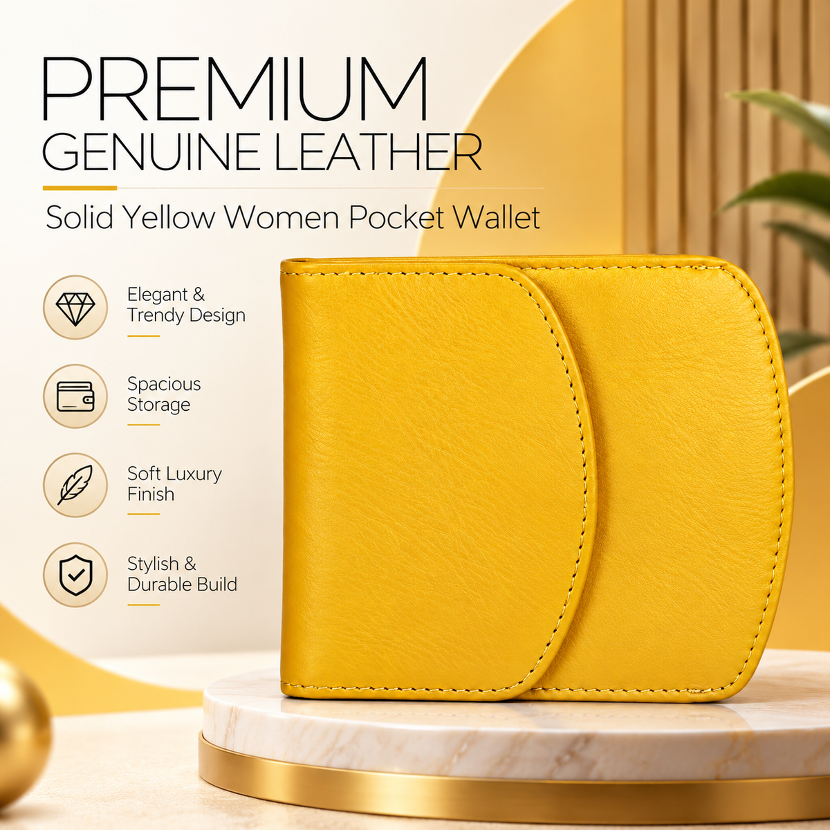 Leather Solid Yellow Women Pocket Wallet