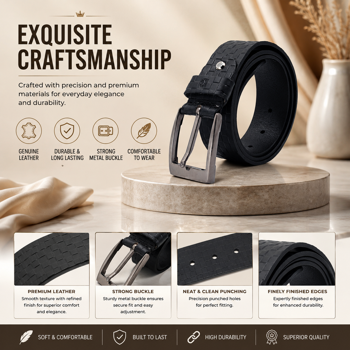 Bhokals Men Black Chess Plub Leather Belt