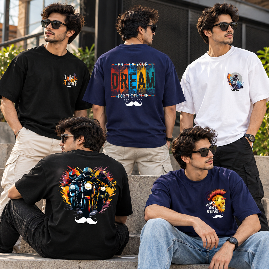 BHOKALS Men's Oversized Printed T-Shirt Combo Pack of 5 – Black Trick N Treat, Blue Dream, White Astronaut, Black Biker & Blue Punk Graphic Tees