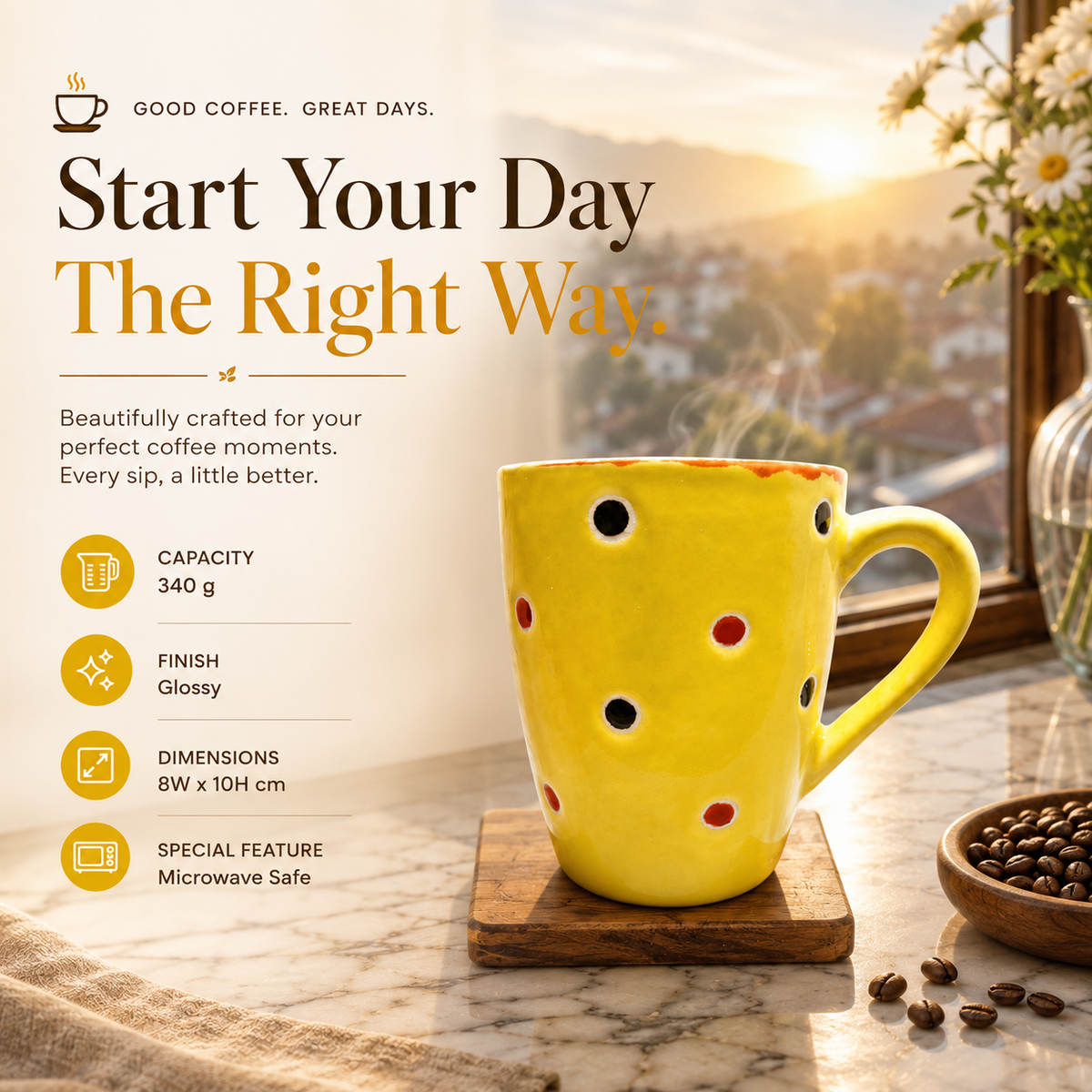 Bhokals Dots Printed Yellow Orange Coffee Mug
