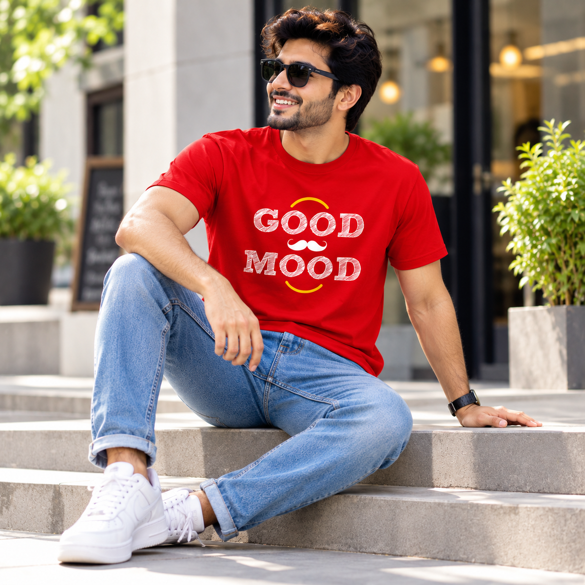 Good Mood Printed Round Neck Cotton Men T-Shirt