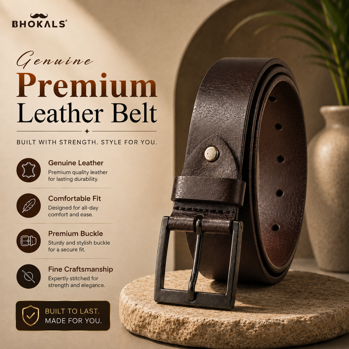 Bhokals Men Chocolate Brown Leather Belt