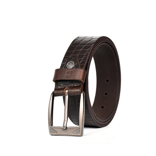 Bhokals Men Croc Texture  Brown Leather Belt