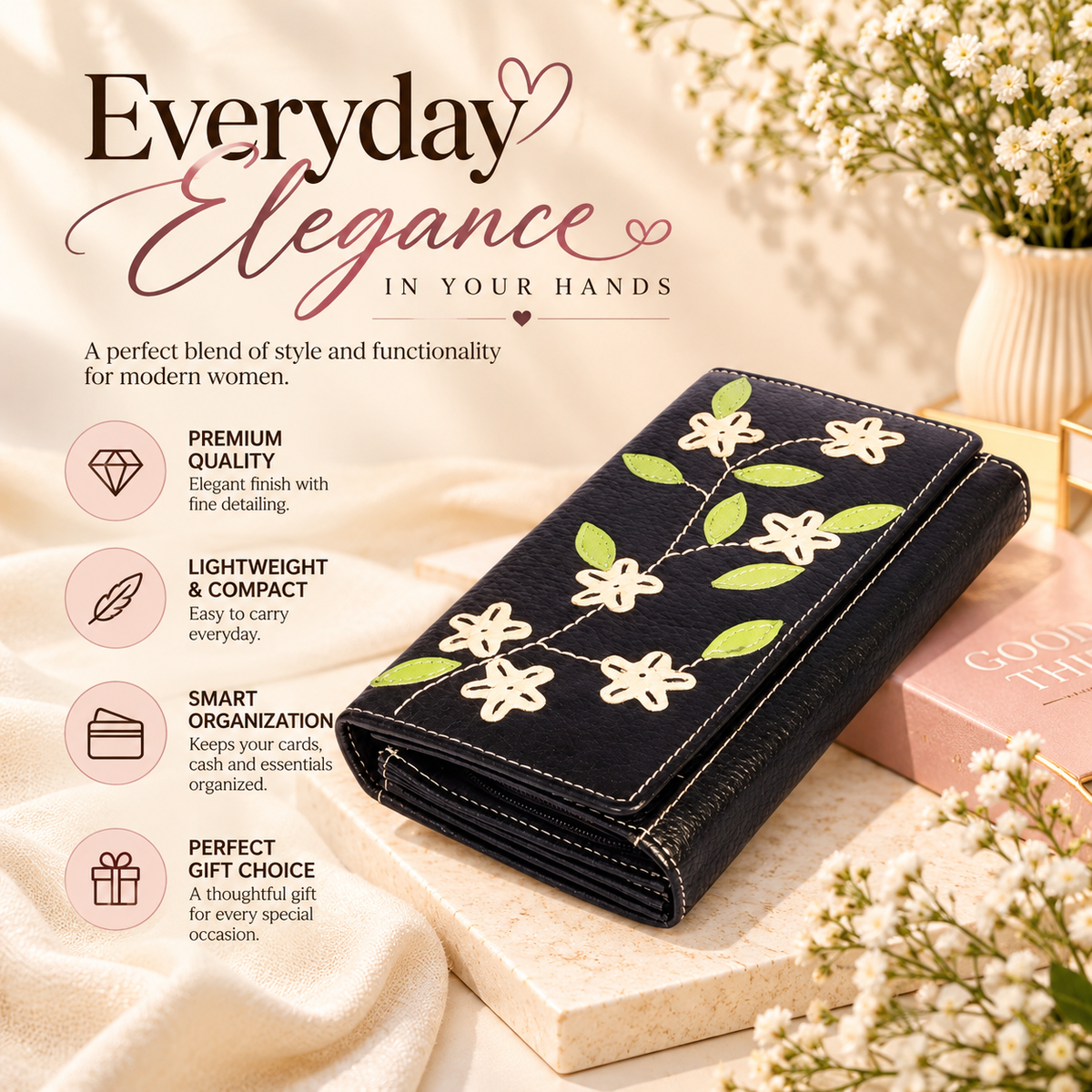 Leather Black Cream Flower Women Wallet