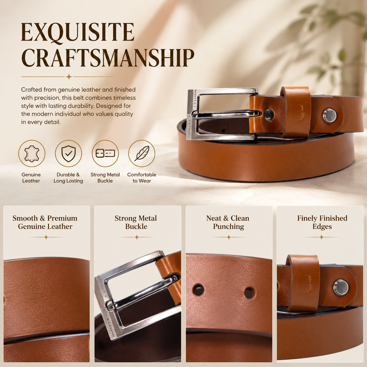 Bhokals Women Solid Tan Leather Belt