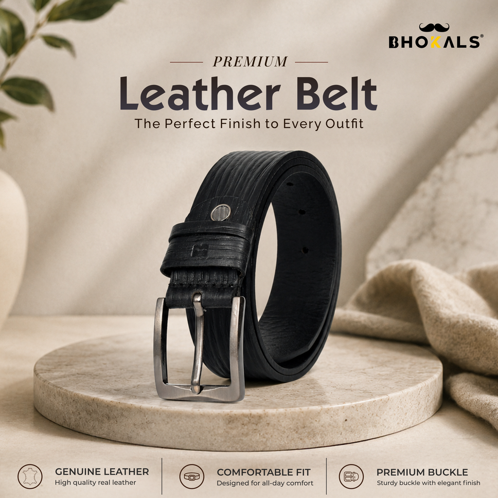 Bhokals Men Black  Wood Texture Leather Belt