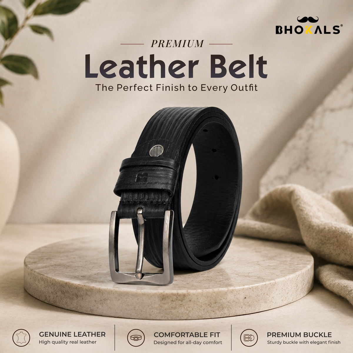 Bhokals Men Black  Wood Texture Leather Belt