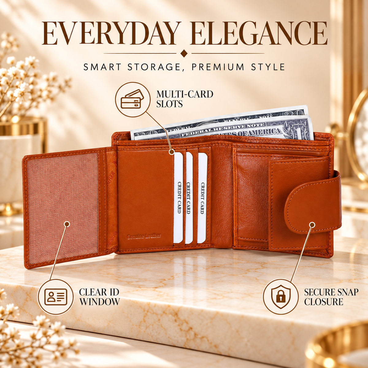 Leather Solid Orange Women Pocket Wallet