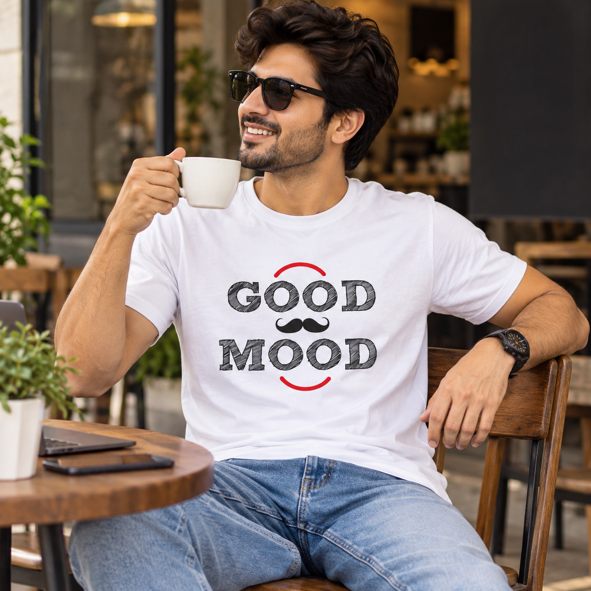 Good Mood Printed Round Neck Cotton Men T-Shirt