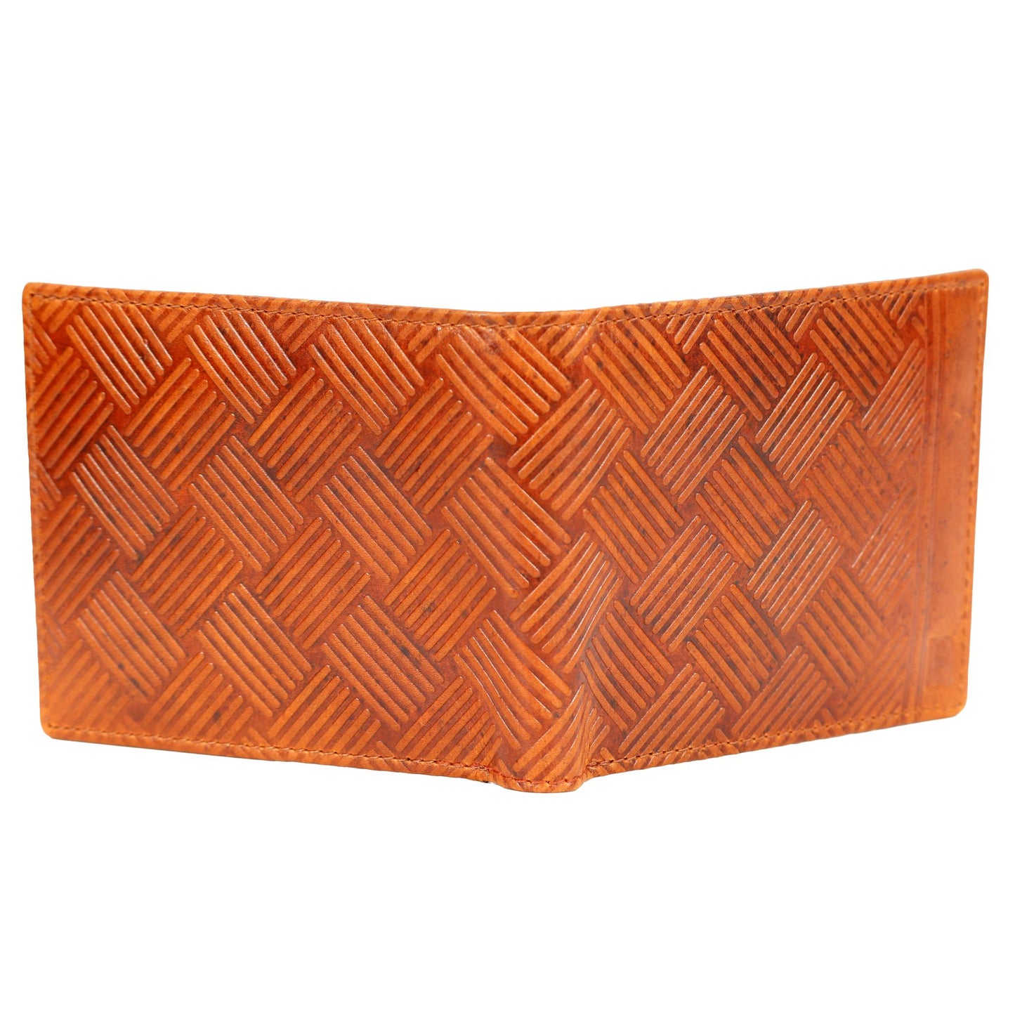 Premium Leather Bifold Wallet, Tan Brown, Geometric Embossed Pattern, Multiple Card Slots, Slim Design