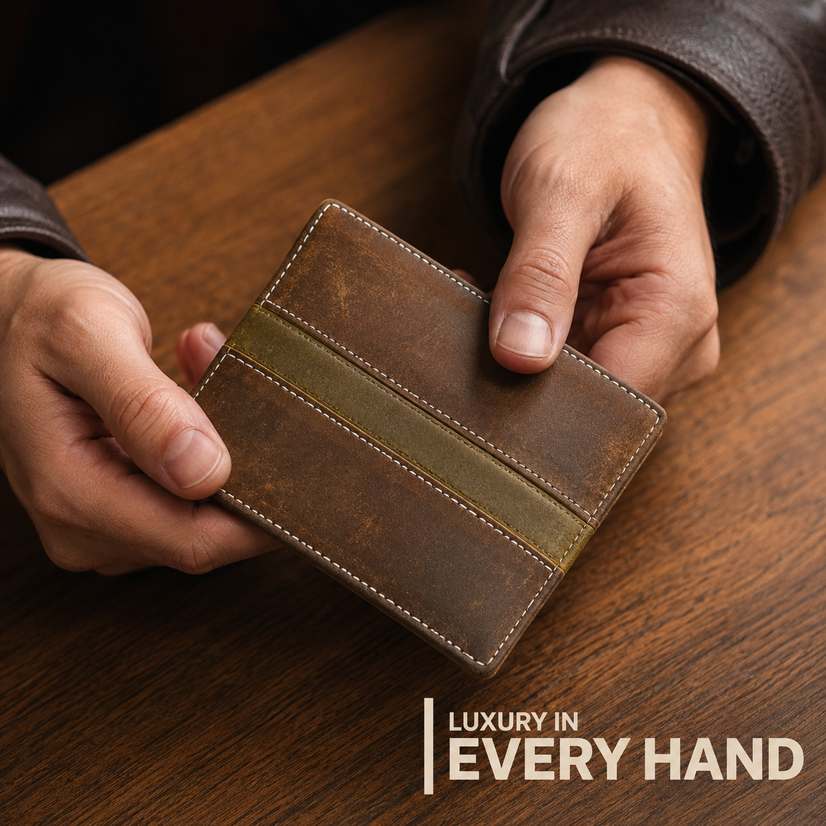 Leather Brown Green Strip Men Wallet