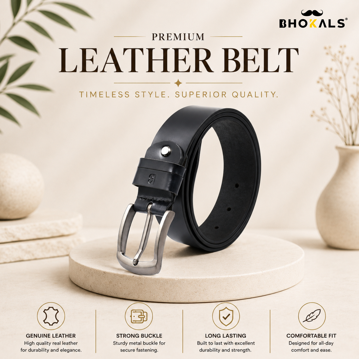 Bhokals Men Black Formal Leather Belt