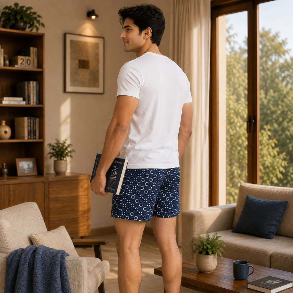 Blue White Black Circle Printed Cotton Boxer For Men