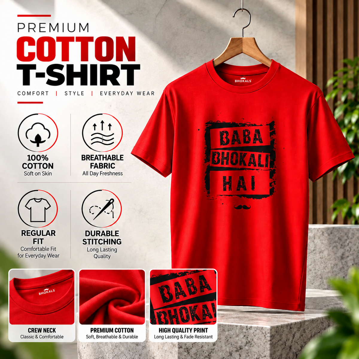 Baba Bhokali Hai Printed Round Neck Cotton Men T-Shirt