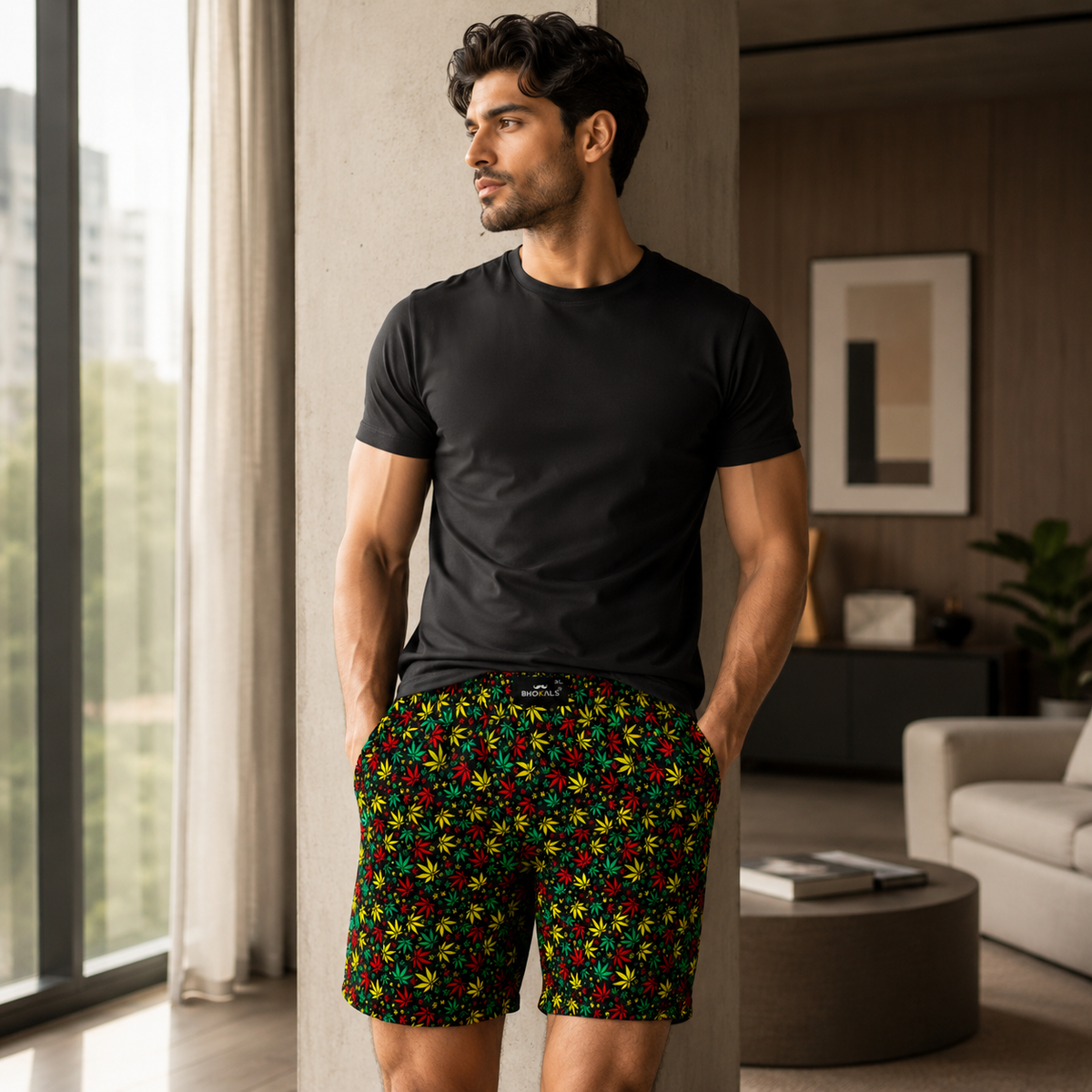 Black Flower Printed Cotton Boxer For Men