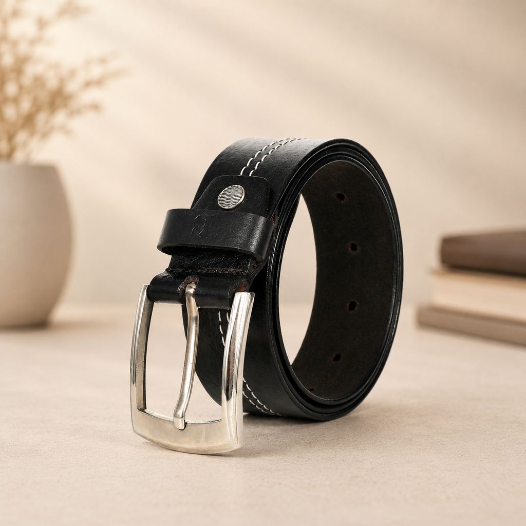 Men Black Middle Thread Leather Belt
