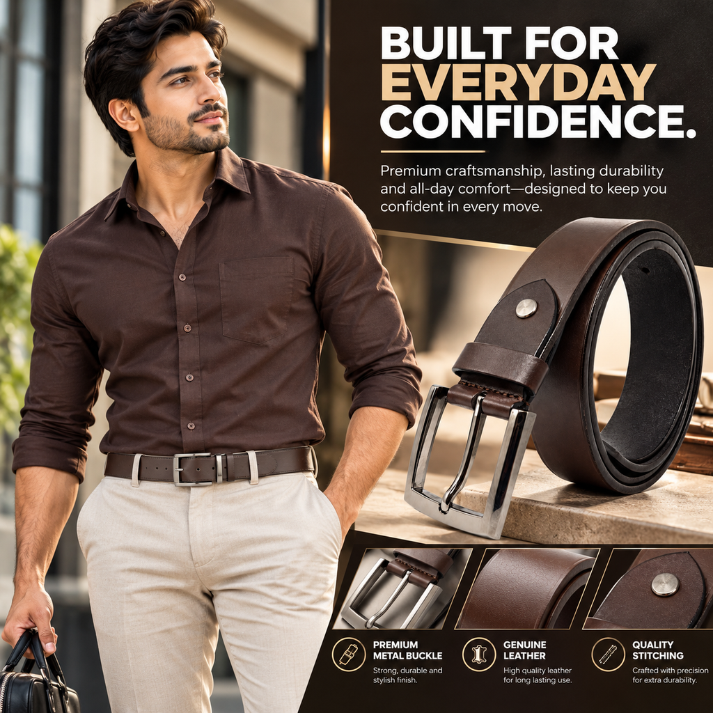 Bhokals Men Solid Brown Formal Leather Belt