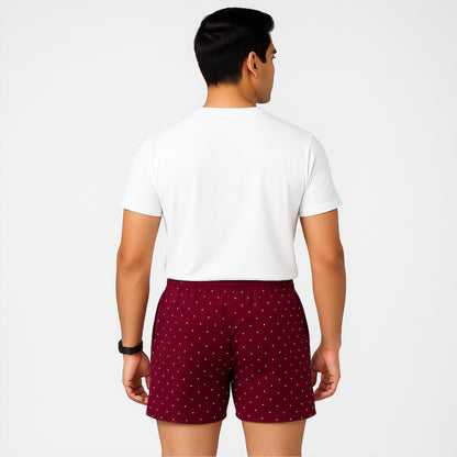 Maroon White Dotted Printed Cotton Boxer For Men