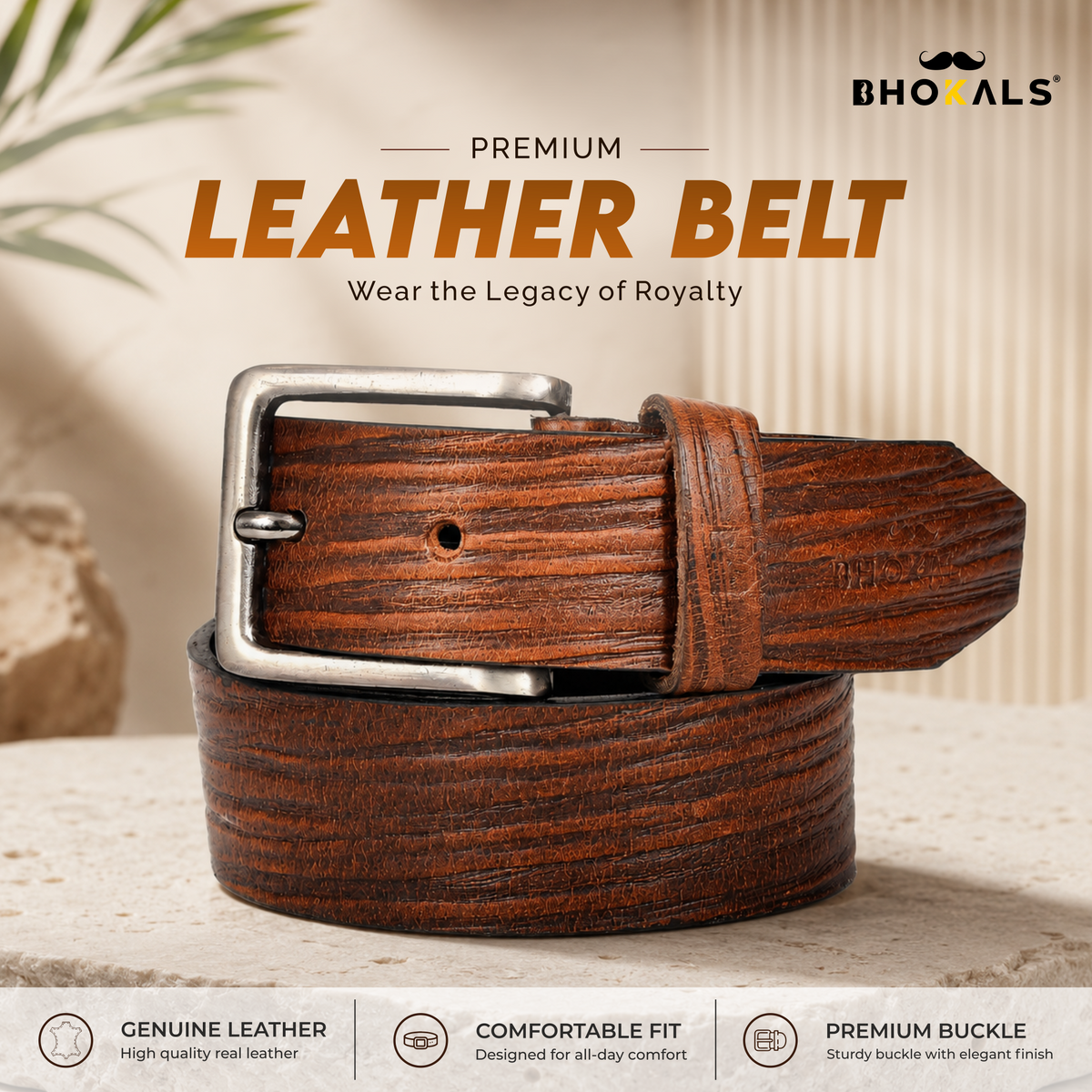 Bhokals Men Brown Wood Texture Leather Belt