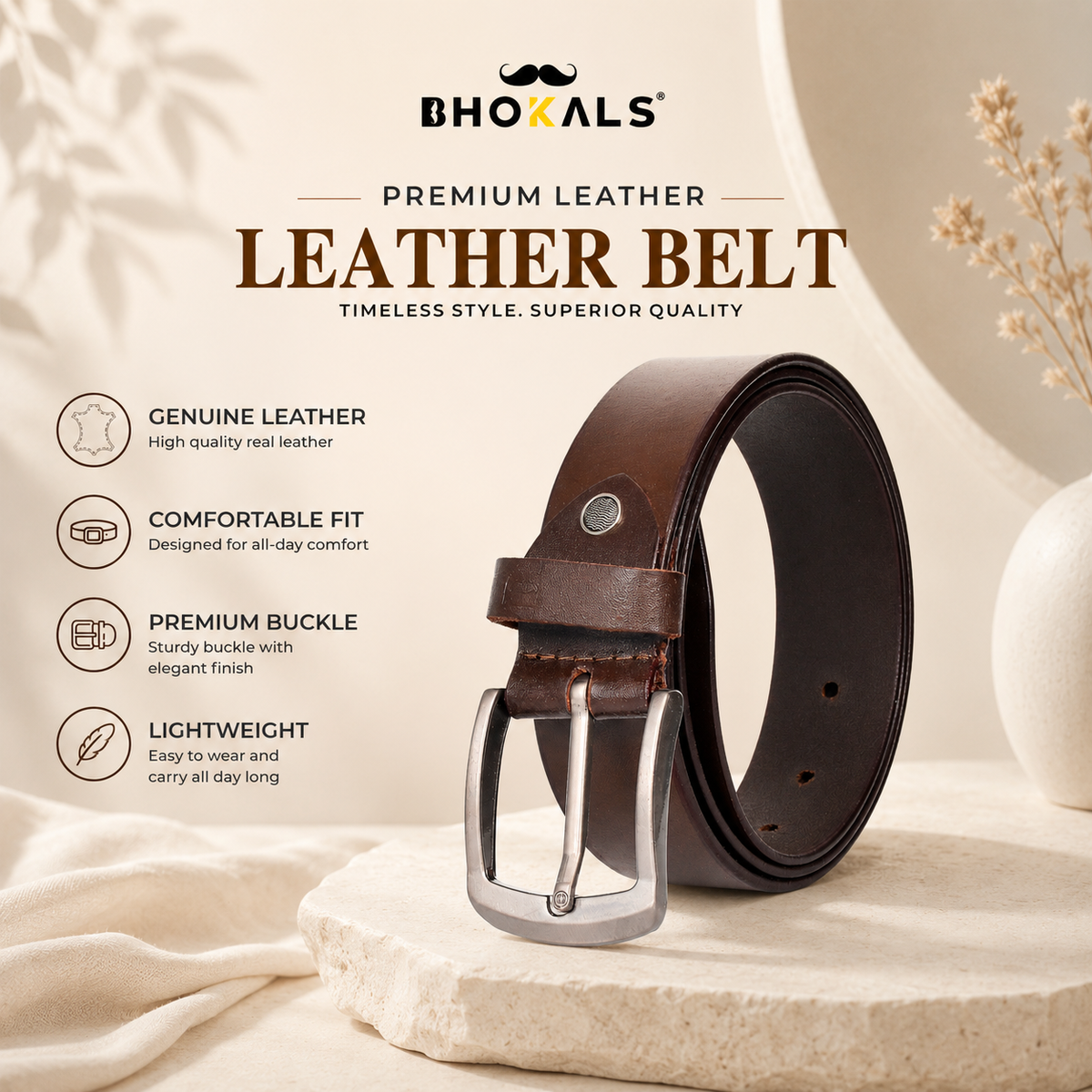 Bhokals Men Brown Casual Leather Belt