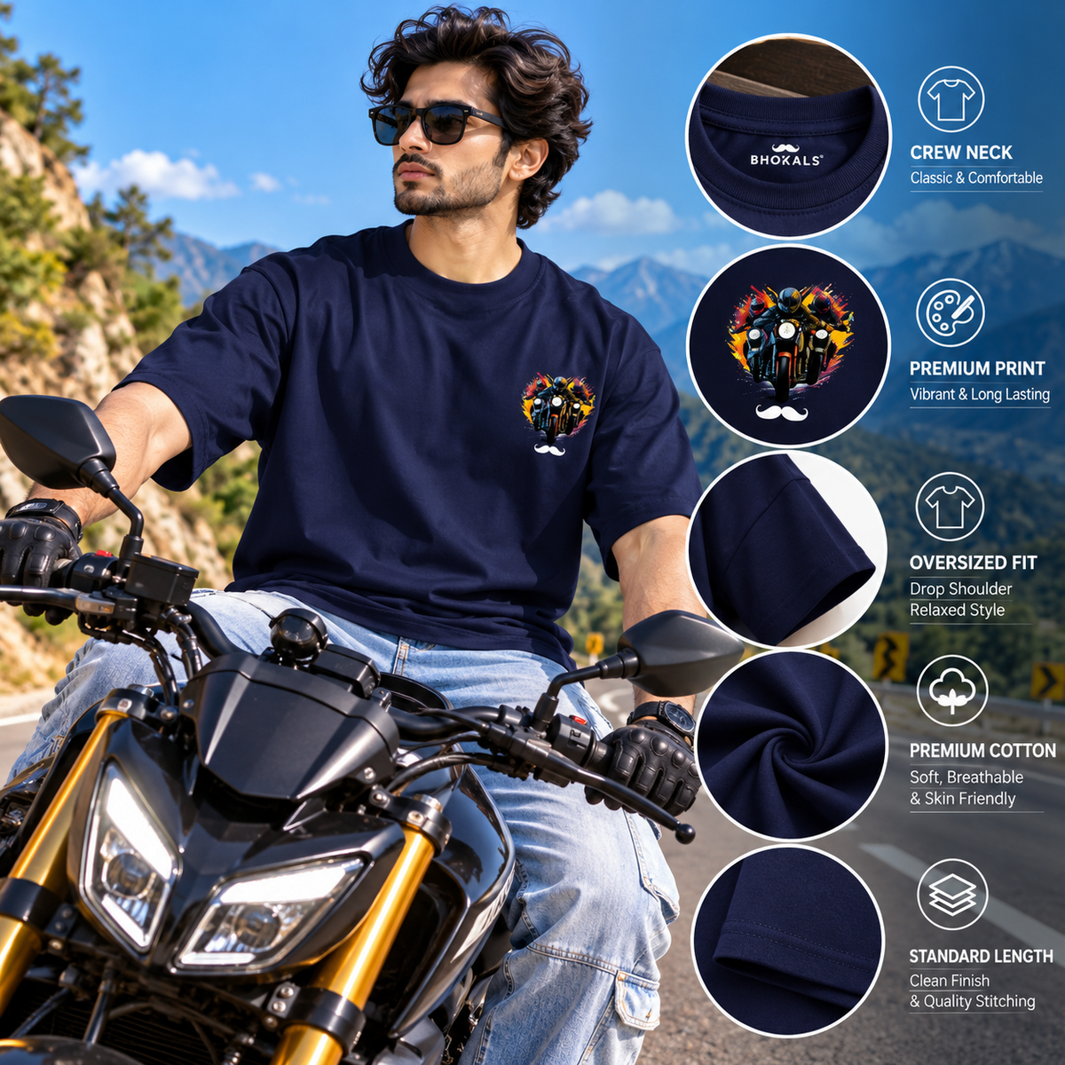 Bhokals Premium Oversized Front & Back Printed T-Shirt for Men - Biker