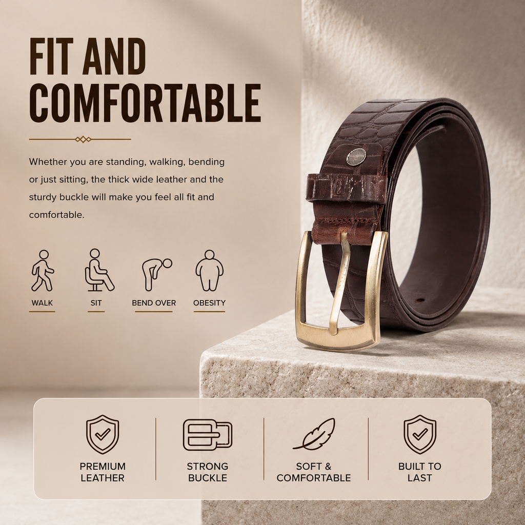 Bhokals Men Croc Texture  Brown Leather Belt