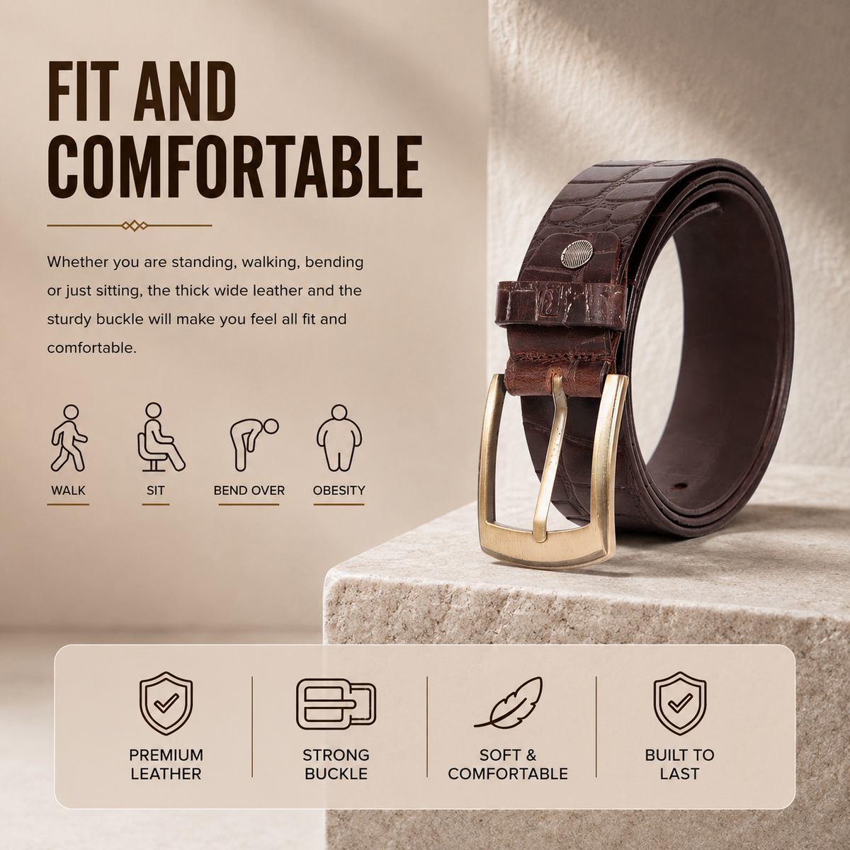 Bhokals Men Croc Texture  Brown Leather Belt
