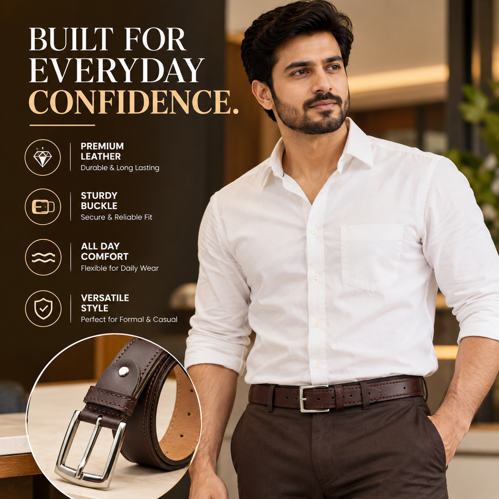 Bhokals Men Chocolate Brown Formal Leather Belt
