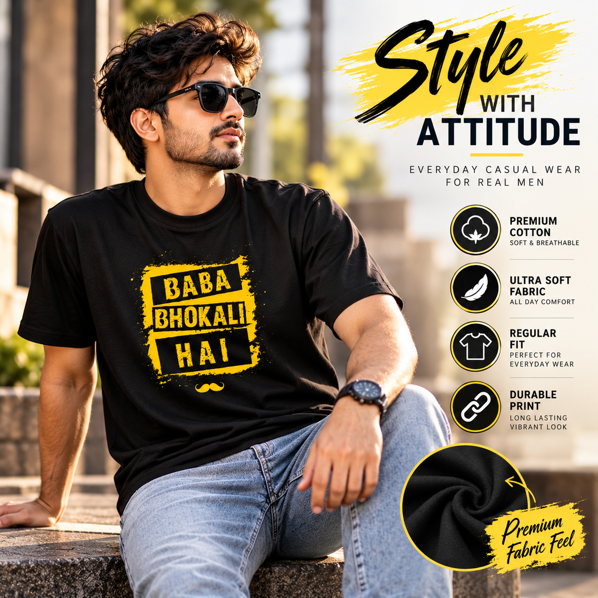 Baba Bhokali Hai Printed Round Neck Cotton Men T-Shirt
