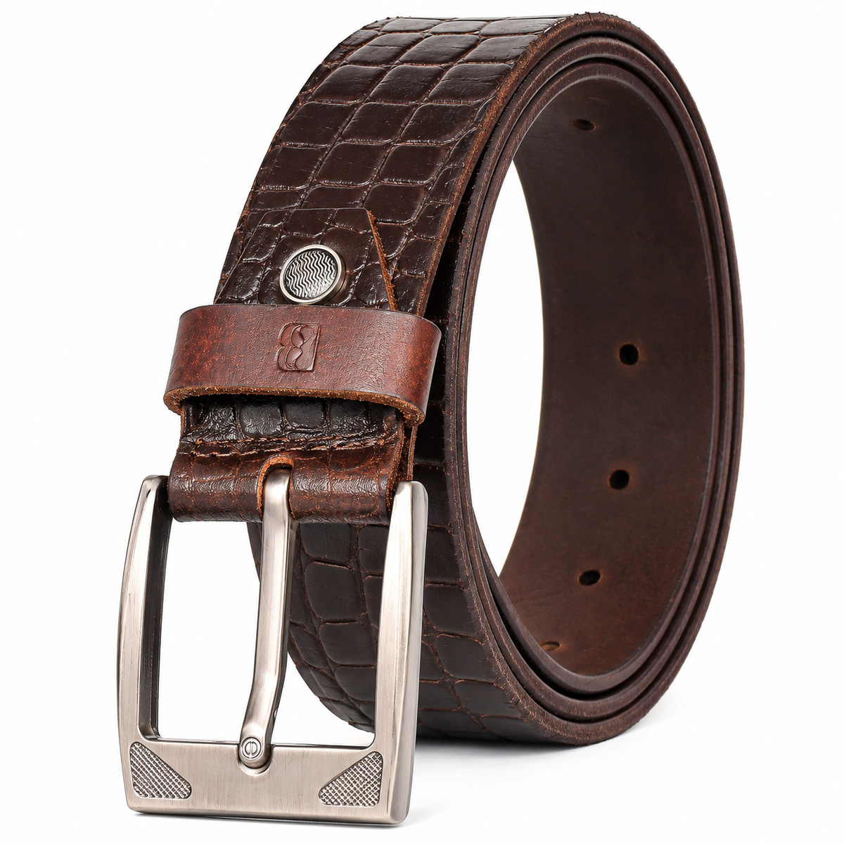 Bhokals Men Brown Crocs Texture  Casual Leather Belt