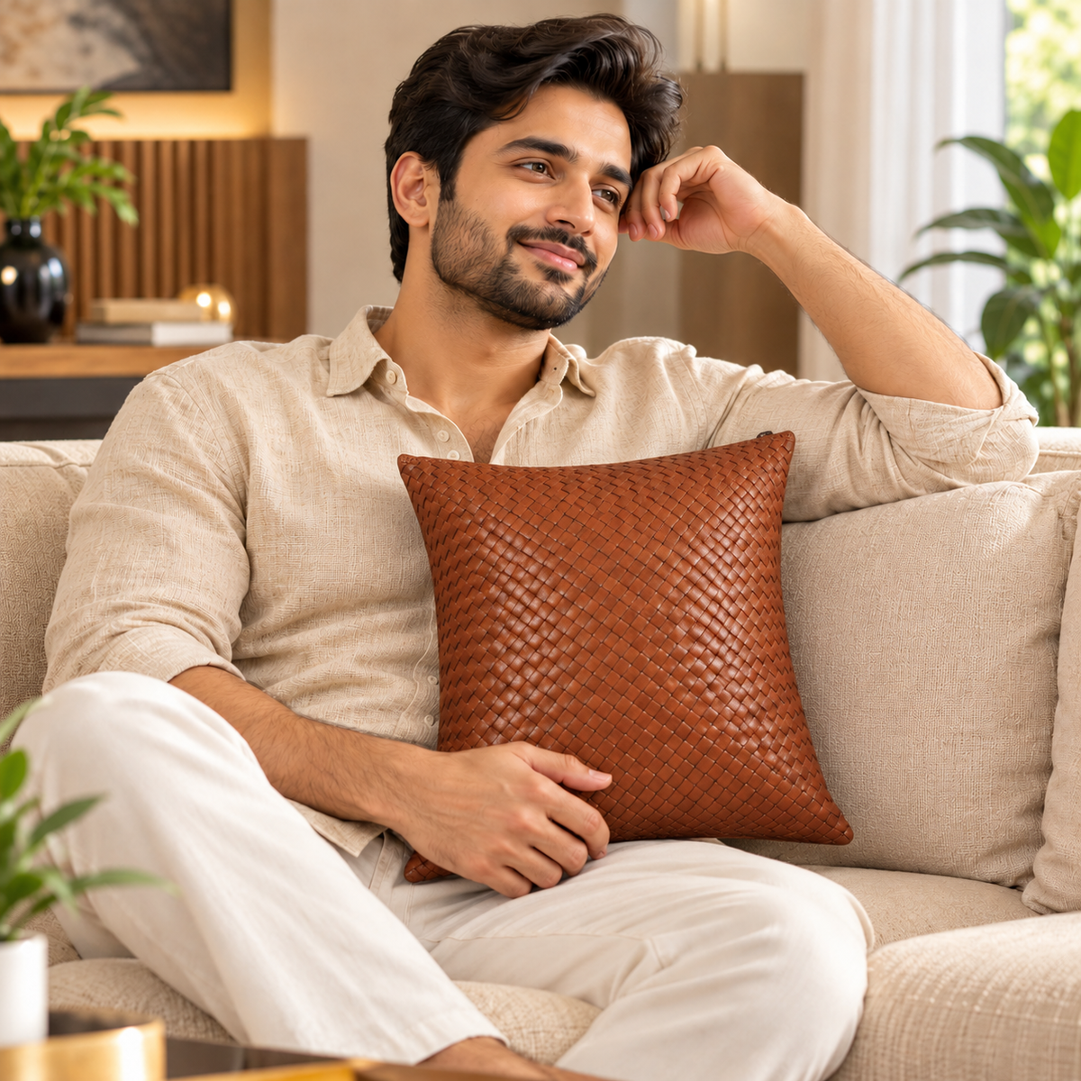 Leather Brown Weave Cushion