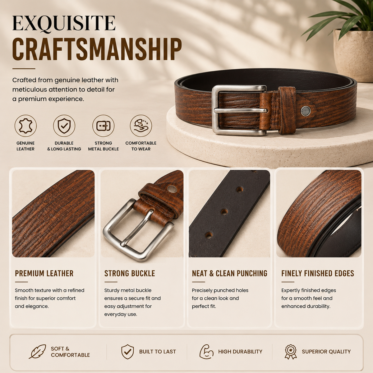 Bhokals Men Brown Wood Texture Leather Belt