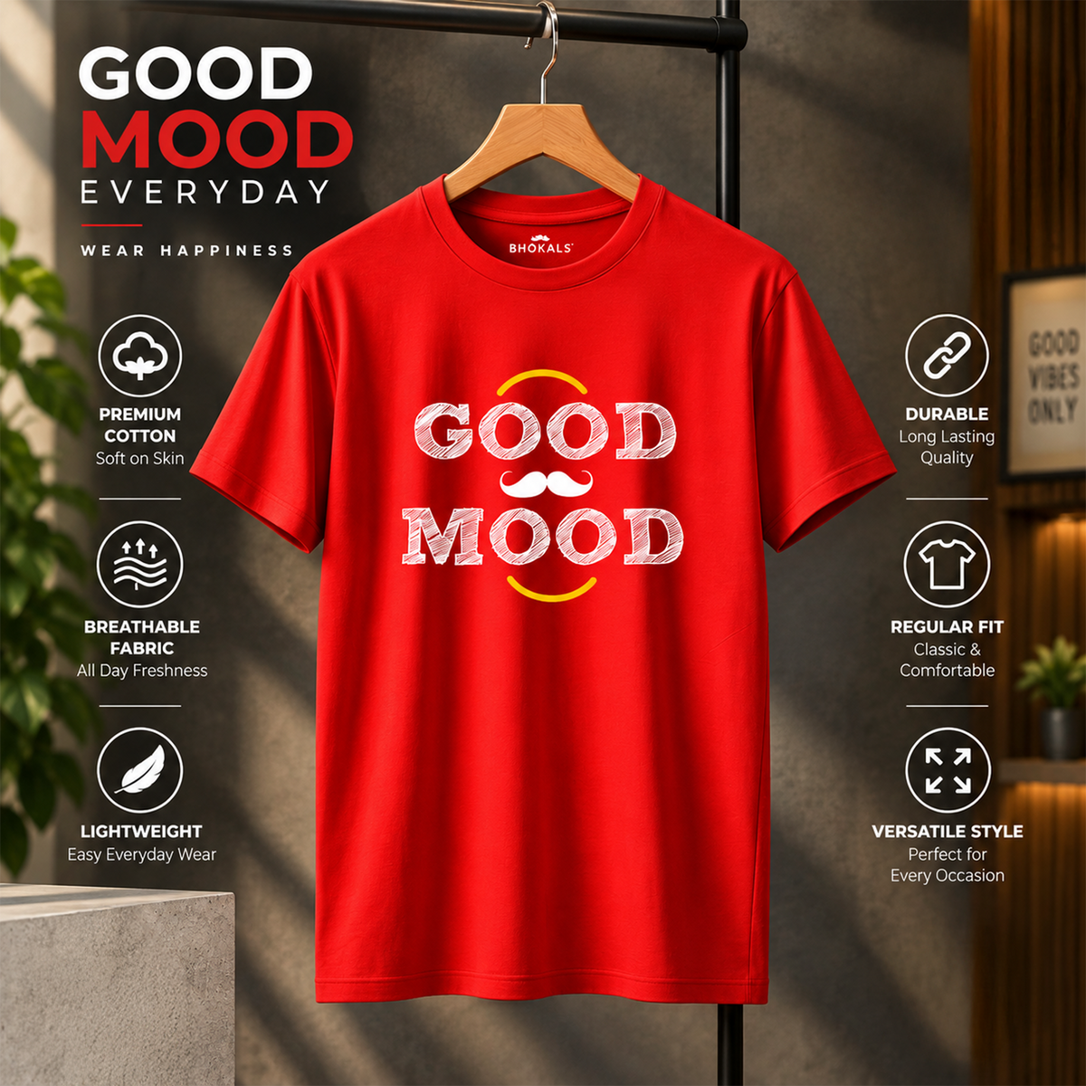 Good Mood Printed Round Neck Cotton Men T-Shirt