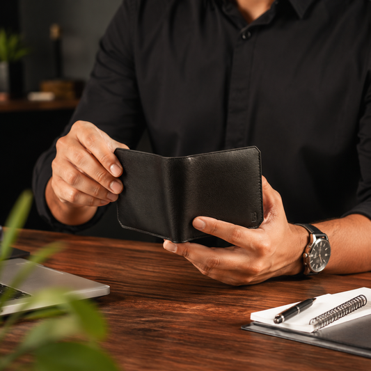 Classic Men's Leather Bifold Wallet, Black, Textured Finish, Multiple Card Slots, Slim Design