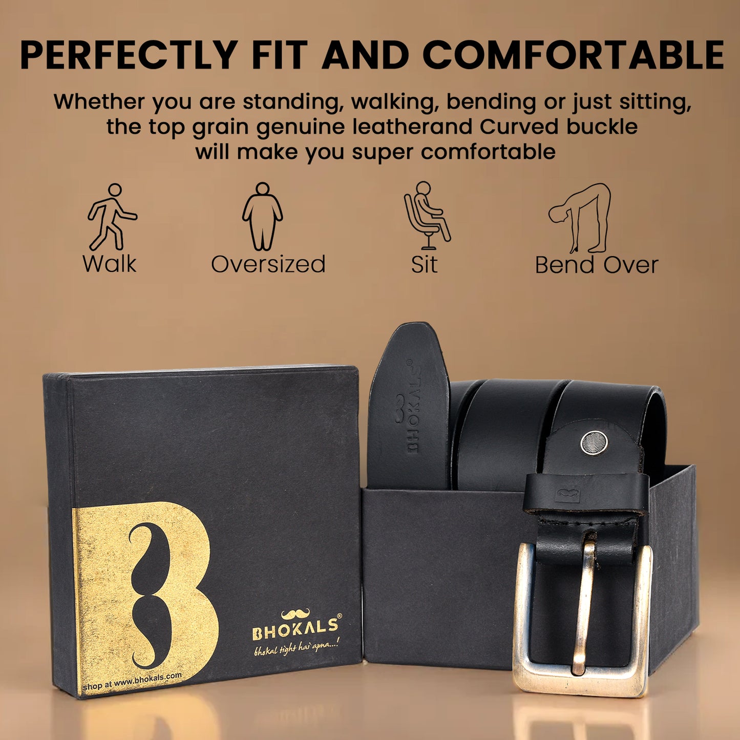 Bhokals Men Solid Black Matt Leather Belt
