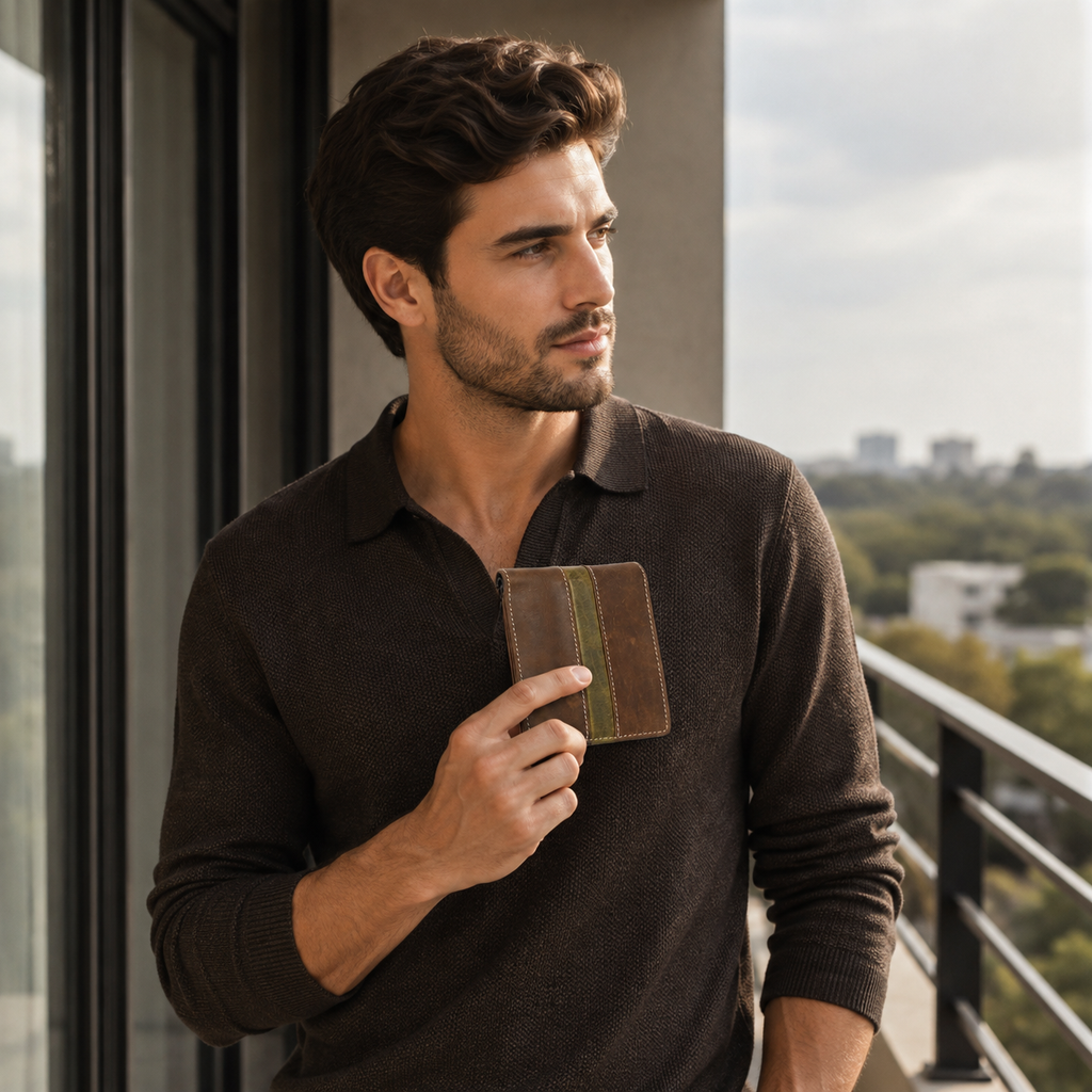 Leather Brown Green Strip Men Wallet
