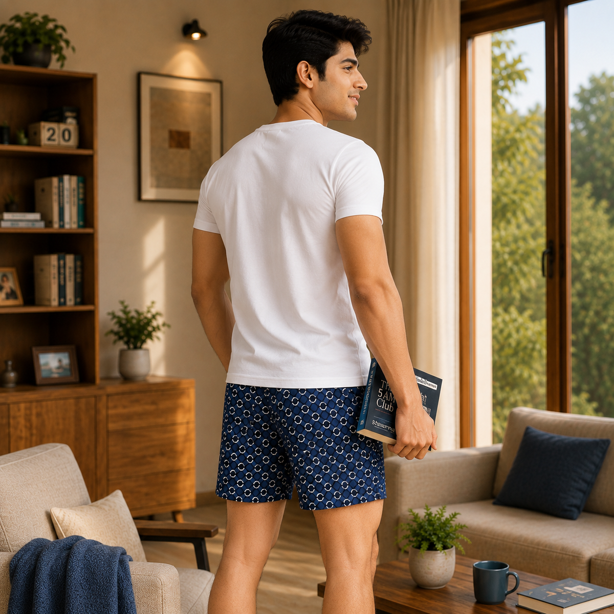 Blue White Black Circle Printed Cotton Boxer For Men