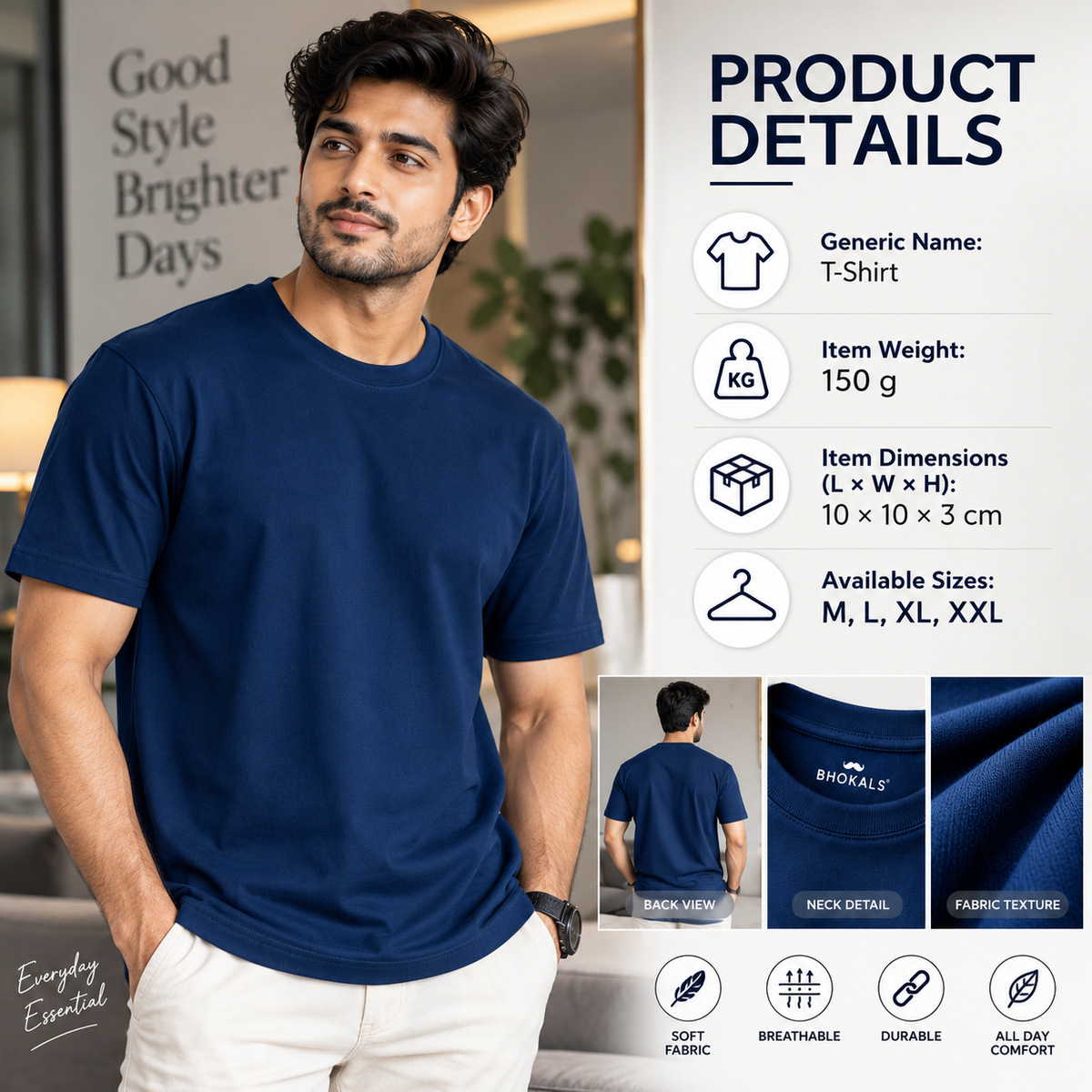 Bhokals Round Neck - White, Black, & Blue Regular T-Shirts - Pack of 3