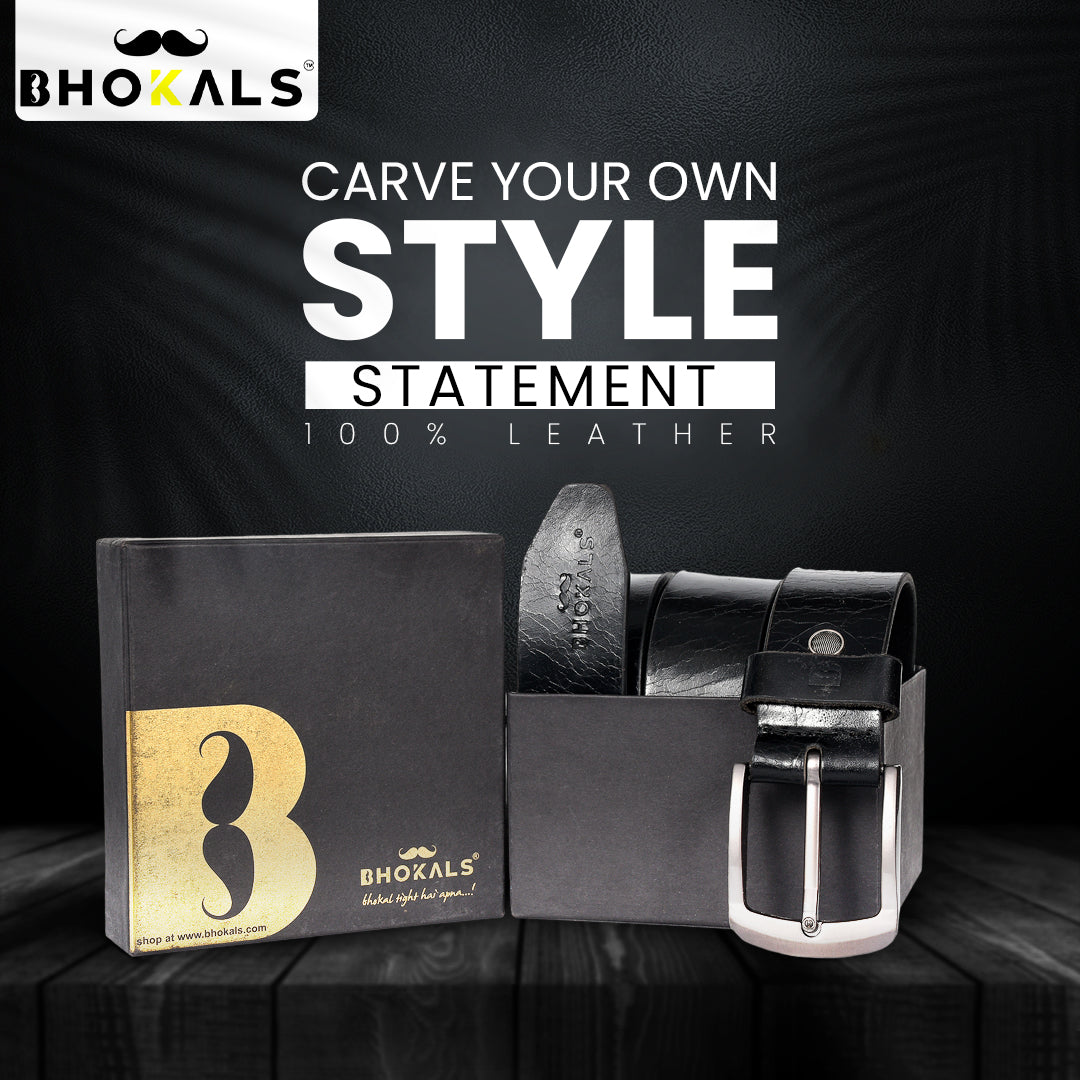 Bhokals Men Black Crunch Leather Belt