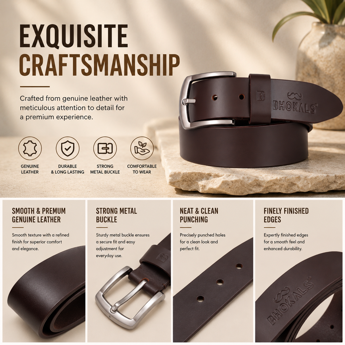 Bhokals Men Solid Brown Leather Belt