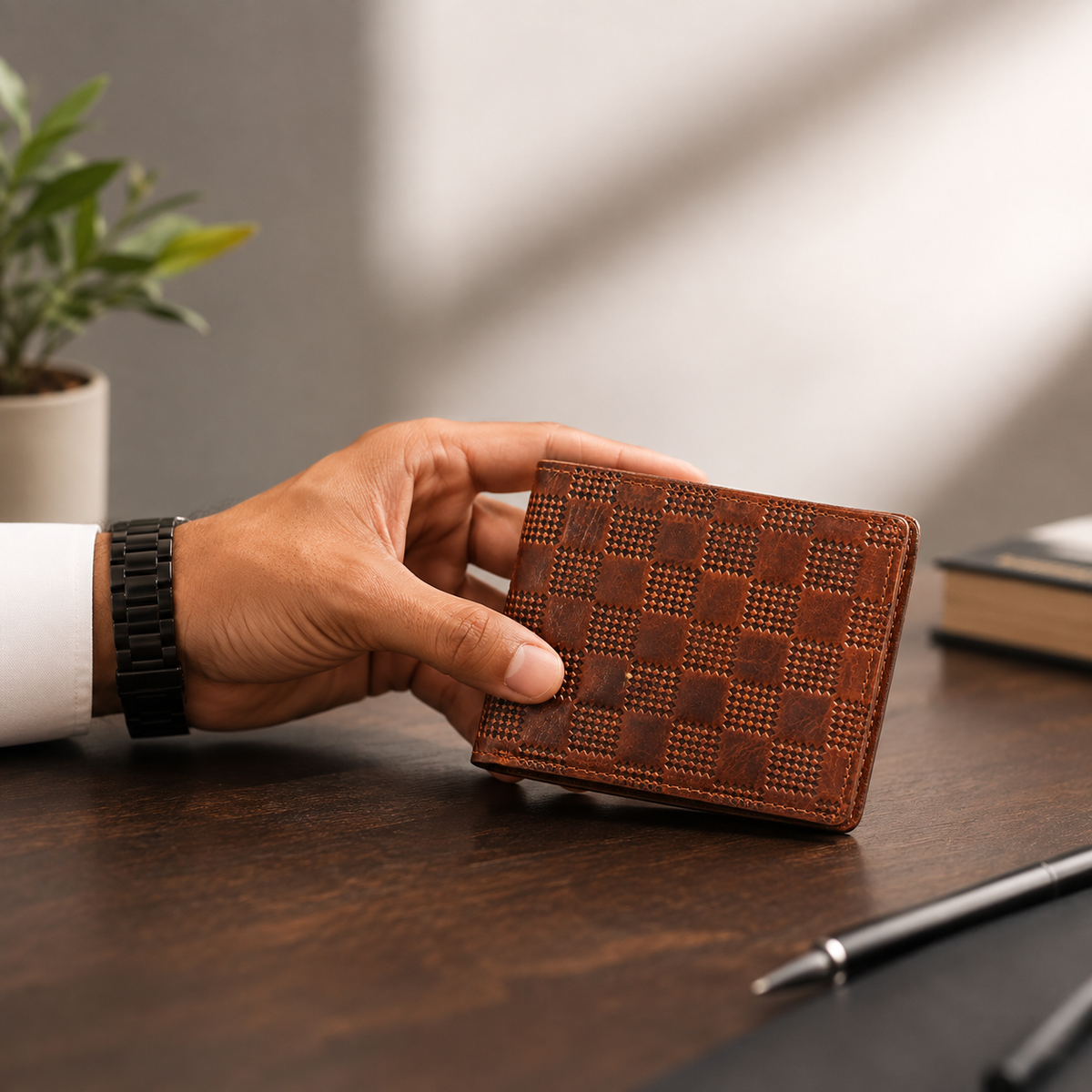 BHOKALS Genuine Leather Bifold Wallet, Brown, Checkered Pattern Design, Multiple Card Slots, Vintage Style, Classic Men's Accessory