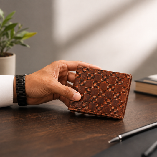 BHOKALS Genuine Leather Bifold Wallet, Brown, Checkered Pattern Design, Multiple Card Slots, Vintage Style, Classic Men's Accessory