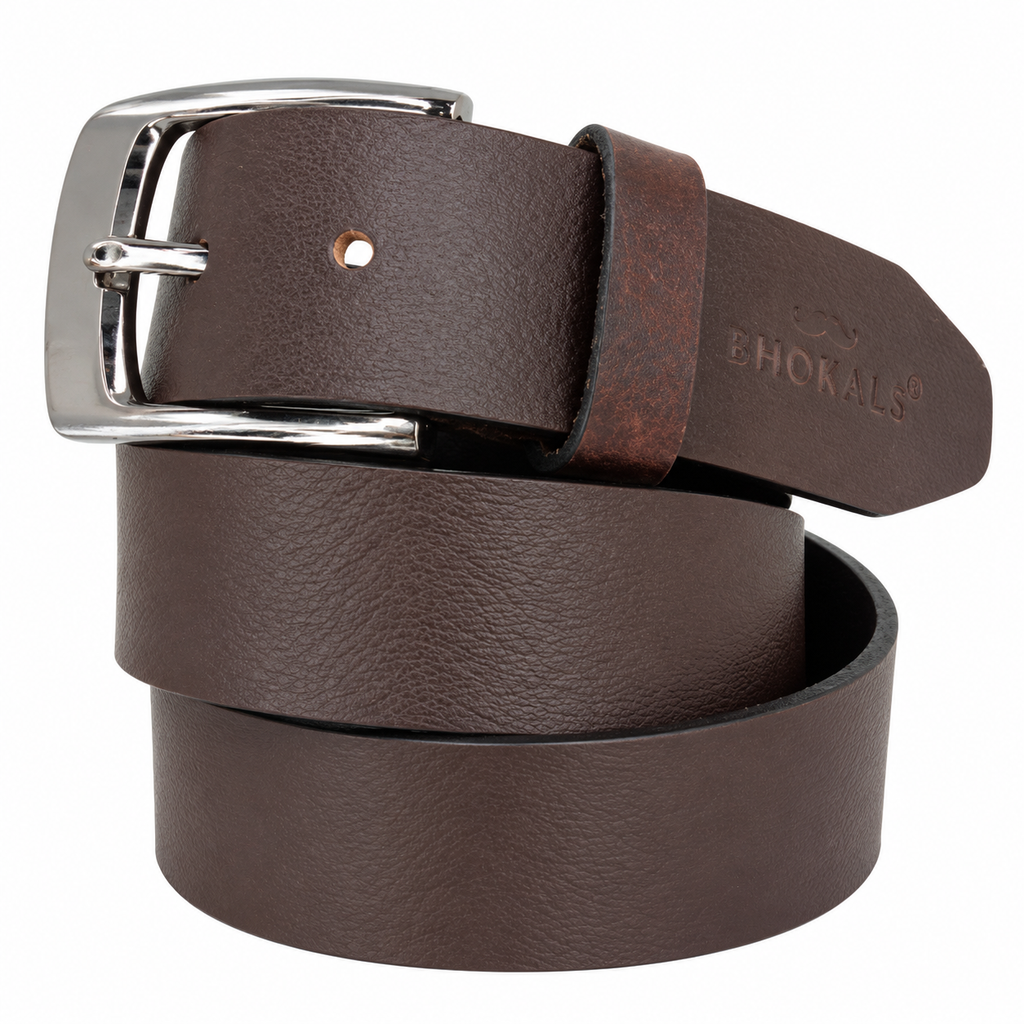 Bhokals Men Chocolate Brown Grain Leather Belt